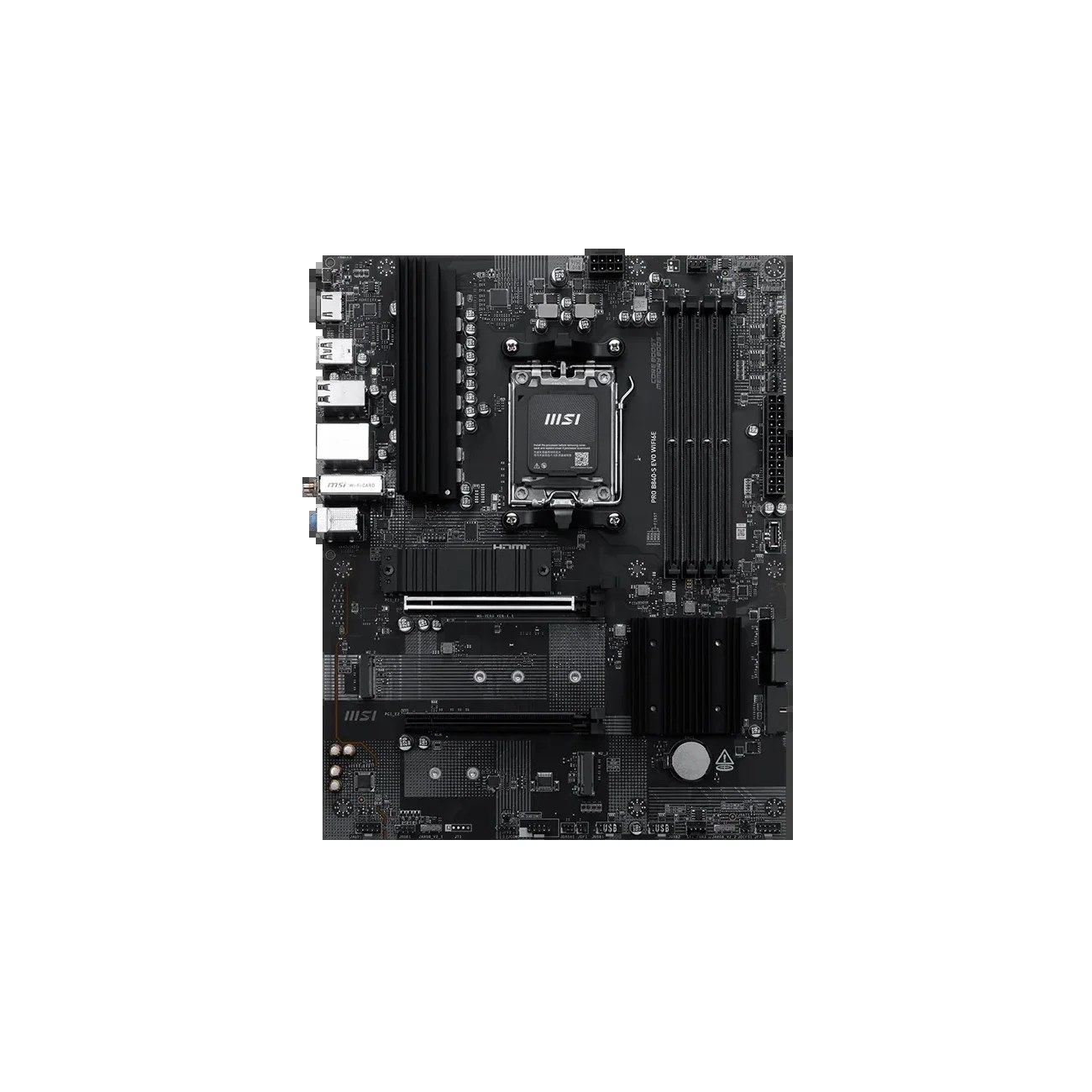 Материнская плата MSI PRO B840-S EVO WIFI6E, AM5, AMD B840, 4xDDR5 (до 256 ГБ), 4xSATA, 3xM.2 (PCIe 4.0/3.0), 1xPCIe 4.0 x16, 1xPCIe 3.0 x16, 1xHDMI, 1x2.5Gb LAN, Wi-Fi 6E, Bluetooth 5.3, 1xUSB-C 10Gbps, 1xUSB-A 10Gbps, 2xUSB-A 5Gbps, 4xUSB-A 2.0, 3x3.5 мм, 7.1, чёрный, ATX