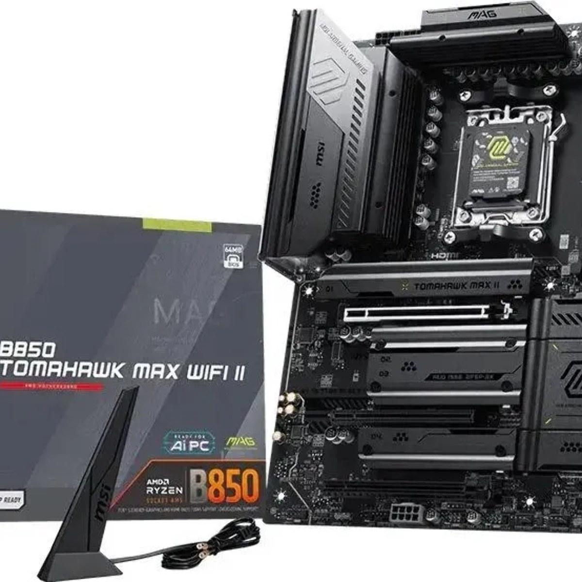 Материнская плата MSI MAG B850 TOMAHAWK MAX WIFI II, AM5, AMD B850, 4xDDR5, 4xSATA, 4xM.2, 1xPCIe 5.0 x16, 1xPCIe 4.0 x16, 1xPCIe 3.0 x16, 1xHDMI, 1xDP, 1x5Gb LAN, Wi-Fi 7, Bluetooth 5.4, 3xUSB-C 10Gbps, 2xUSB-A 10Gbps, 1xUSB-A 5Gbps, 4xUSB-A 2.0, 3x3.5 мм + S/PDIF оптический, 7.1, чёрный, ATX