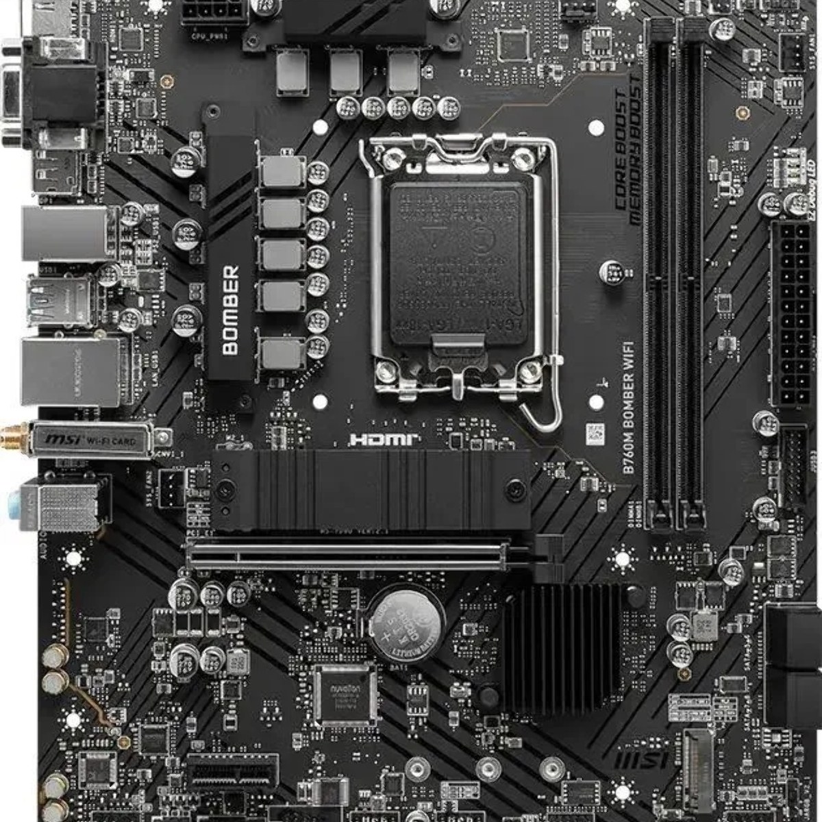 Материнская плата MSI B760M BOMBER WIFI, LGA 1700, Intel B760, 2xDDR5, 4xSATA, 2xM.2, 1xPCIe 4.0 x16, 1xPCIe x1, 1xVGA, 1xHDMI, 1xDP, 1x2.5Gb LAN, Wi-Fi 6E, Bluetooth 5.3, 4xUSB-A 5Gbps, 2xUSB-A 2.0, 1xPS/2, 3x3.5 мм, 7.1, чёрный, mATX