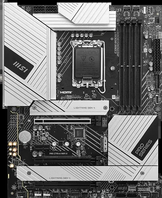 Материнская плата MSI PRO Z790-A WIFI II, LGA1700, Intel Z790, 4xDDR5, 6xSATA, 4xM.2, 1xPCIe 5.0 x16, 1xPCIe 4.0 x4, 2xPCIe 3.0 x1, 1xHDMI, 1xDisplayPort, 1x 2.5Gb LAN, 2xUSB 2.0, 2xUSB 3.2 Gen1, 3xUSB 3.2 Gen2, 1xUSB 3.2 Gen2x2 Type-C, 5x3.5 мм, 7.1, ATX
