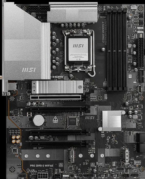 Материнская плата MSI PRO Z890-S WIFI6E, LGA1851, Intel Z890, 4xDDR5, 4xSATA, 3xM.2, 1xPCIe 5.0 x16, 1xPCIe 4.0 x4, 1xPCIe 3.0 x1, 1xHDMI, 1xDisplayPort, 1x 2.5Gb LAN, 6xUSB 5Gbps Type-A, 1xUSB 20Gbps Type-C, 3x3.5 мм, 7.1, ATX