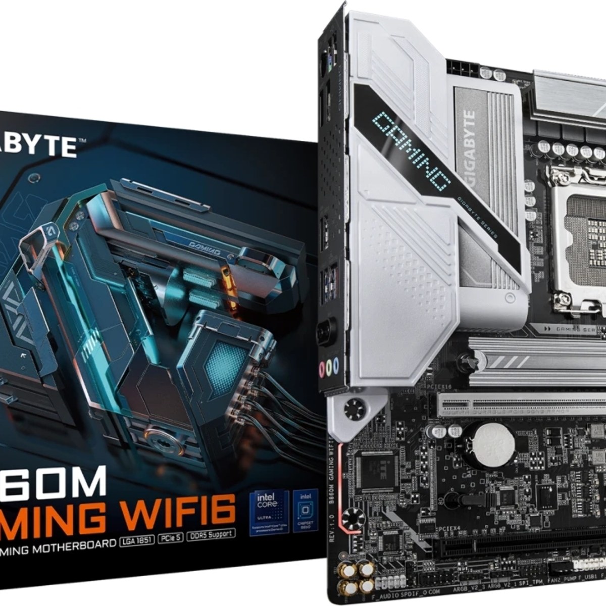 Материнская плата Gigabyte B860M GAMING WIFI6, LGA 1851, Intel B860, 2xDDR5, 4xSATA, 2xM.2, 1xPCIe 5.0 x16, 1xPCIe 4.0 x16, 1xHDMI, 1xDP, 1x2.5Gb LAN, Wi-Fi 6, Bluetooth 5.3, 3xUSB-A 5Gbps, 3xUSB-A 2.0, 1xPS/2, 3x3.5 мм, 7.1, mATX