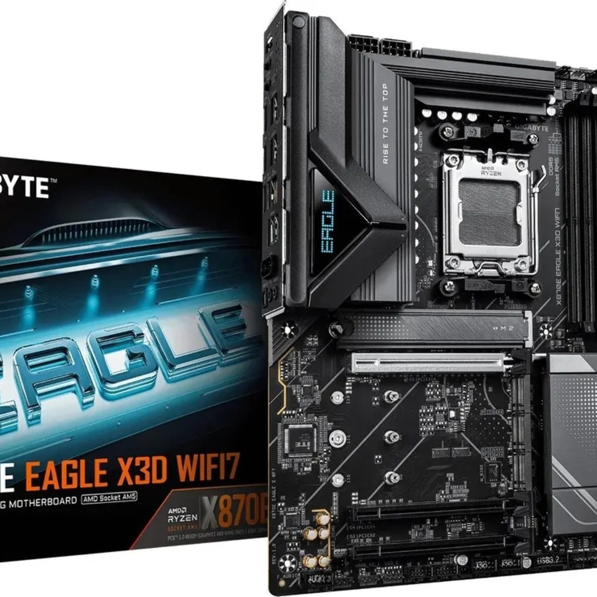 Материнская плата Gigabyte X870E EAGLE X3D WIFI7, AM5, AMD X870E, 4xDDR5, 4xSATA, 4xM.2, 1xPCIe 5.0 x16, 1xPCIe 4.0 x16, 1xPCIe 3.0 x16, 1xHDMI, 1x5Gb LAN, Wi-Fi 7, Bluetooth 5.4, 2xUSB-C 40Gbps (USB4), 1xUSB-C 10Gbps, 4xUSB-A 10Gbps, 4xUSB-A 5Gbps, 3x3.5 мм + S/PDIF оптический, 7.1, чёрный, с подсв