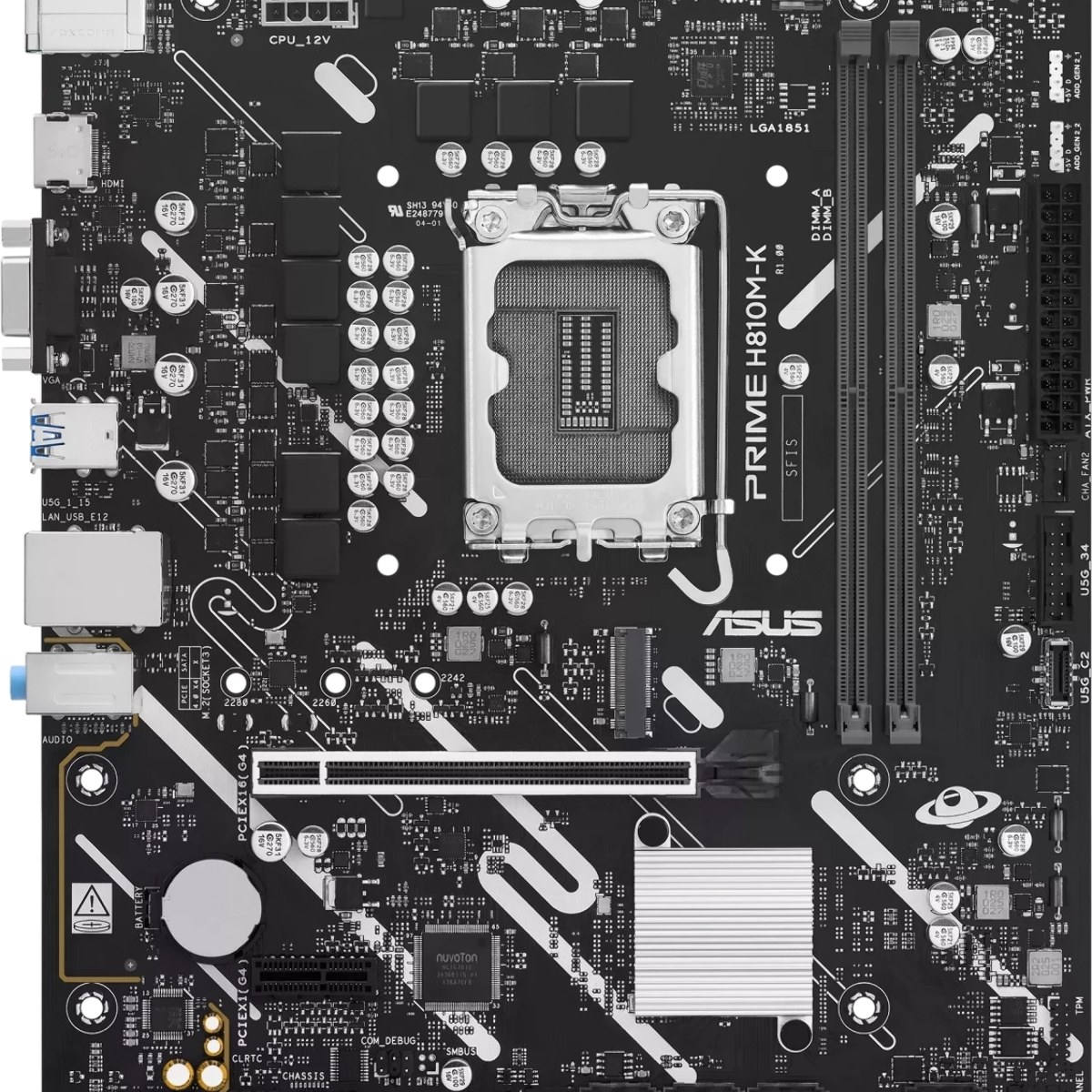 Материнская плата ASUS PRIME H810M-K, LGA 1851, Intel H810, 2xDDR5, 4xSATA, 1xM.2, 1xPCIe 4.0 x16, 1xPCIe 3.0 x1, 1xVGA, 1xHDMI, 1x1Gb LAN, 2xUSB-A 5Gbps, 4xUSB-A 2.0, 3x3.5 мм, 7.1, mATX