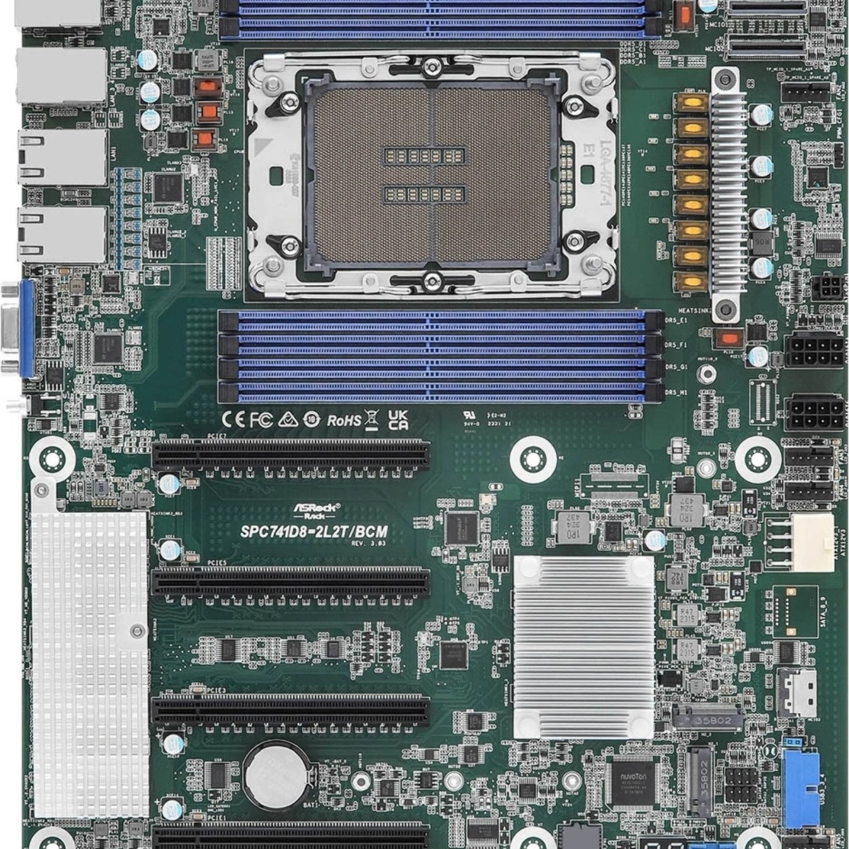 Серверная материнская плата ASRock SPC741D8-2L2T/BCM, 1xLGA4677, Intel C741, 8xDDR5, 0xSATA, 2xM.2, 4xPCIe 5.0 x16, 1xVGA, 2x1Gb LAN, 2x10Gb LAN, IPMI, 2xUSB-A 5Gbps, SSI CEB