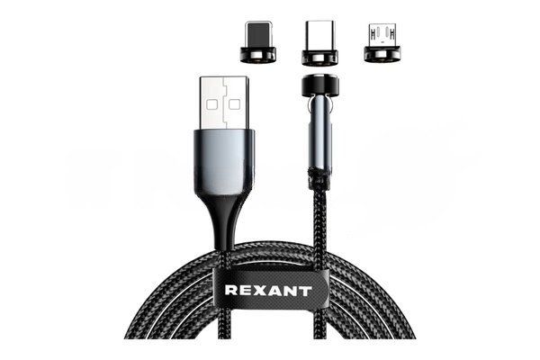 Кабель USB Rexant 3в1 со съемными магнитными портами, Type-С (2A), Lightning (2,4A), Micro USB (2A), 1,2м, в черной оплетке, с LED подсветкой