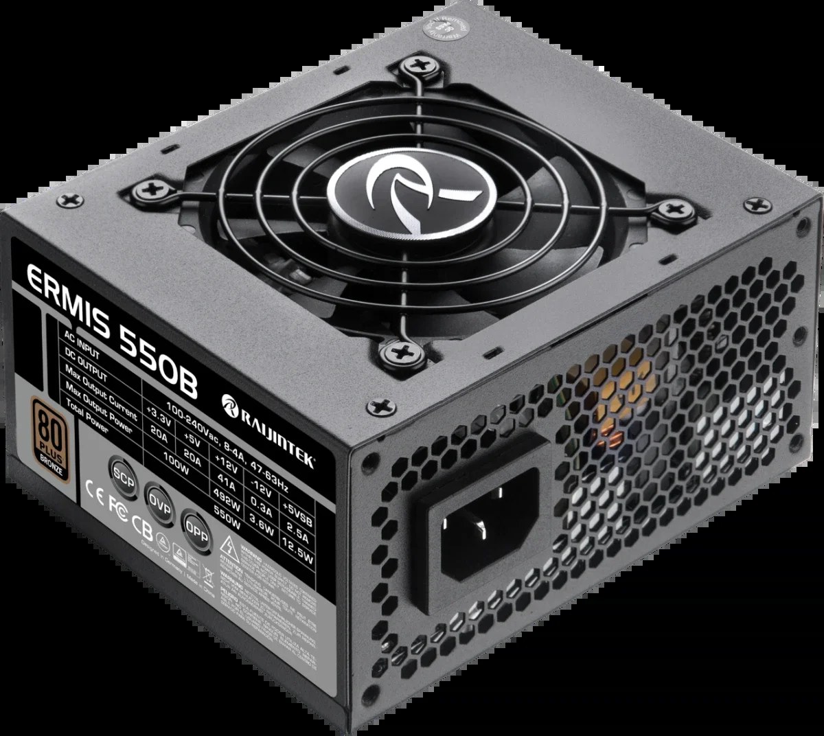 Блок питания Raijintek ERMIS 550B, 550W 80+ Bronze (SFX, Non-modular, 1x24(20+4)pin, 1x4+4-pin CPU, 2x6+2-pin PCIe, 3xSATA3, Active, 80x80mm, 125x100x64mm, APFC, black)