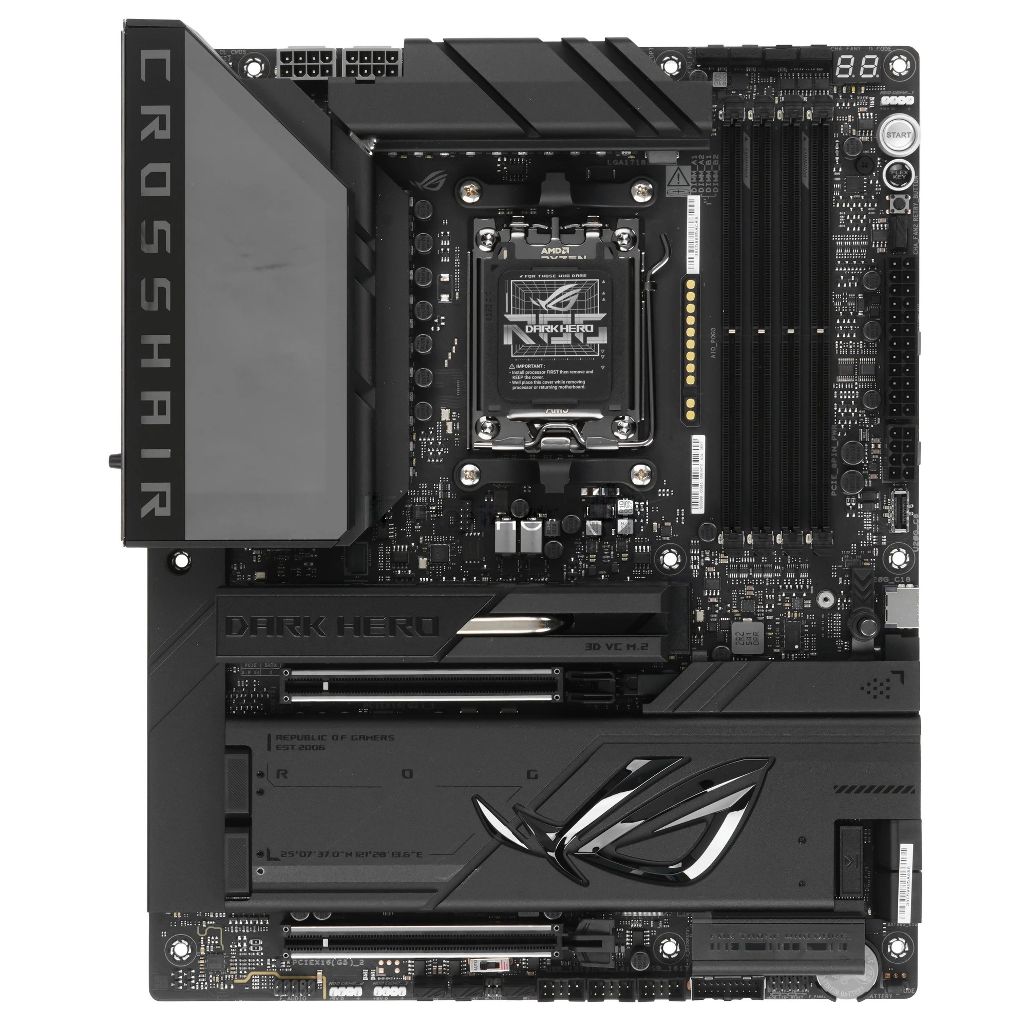 Материнская плата ASUS ROG CROSSHAIR X870E DARK HERO, AM5, AMD X870E, 4xDDR5, 4xSATA 6Gb/s, 5xM.2, 2xPCIe 5.0 x16, 1xHDMI, 2xDisplayPort, 1x10Gb LAN, 1x5Gb LAN, 11xUSB, 2x3.5 мм, 7.1, ATX
