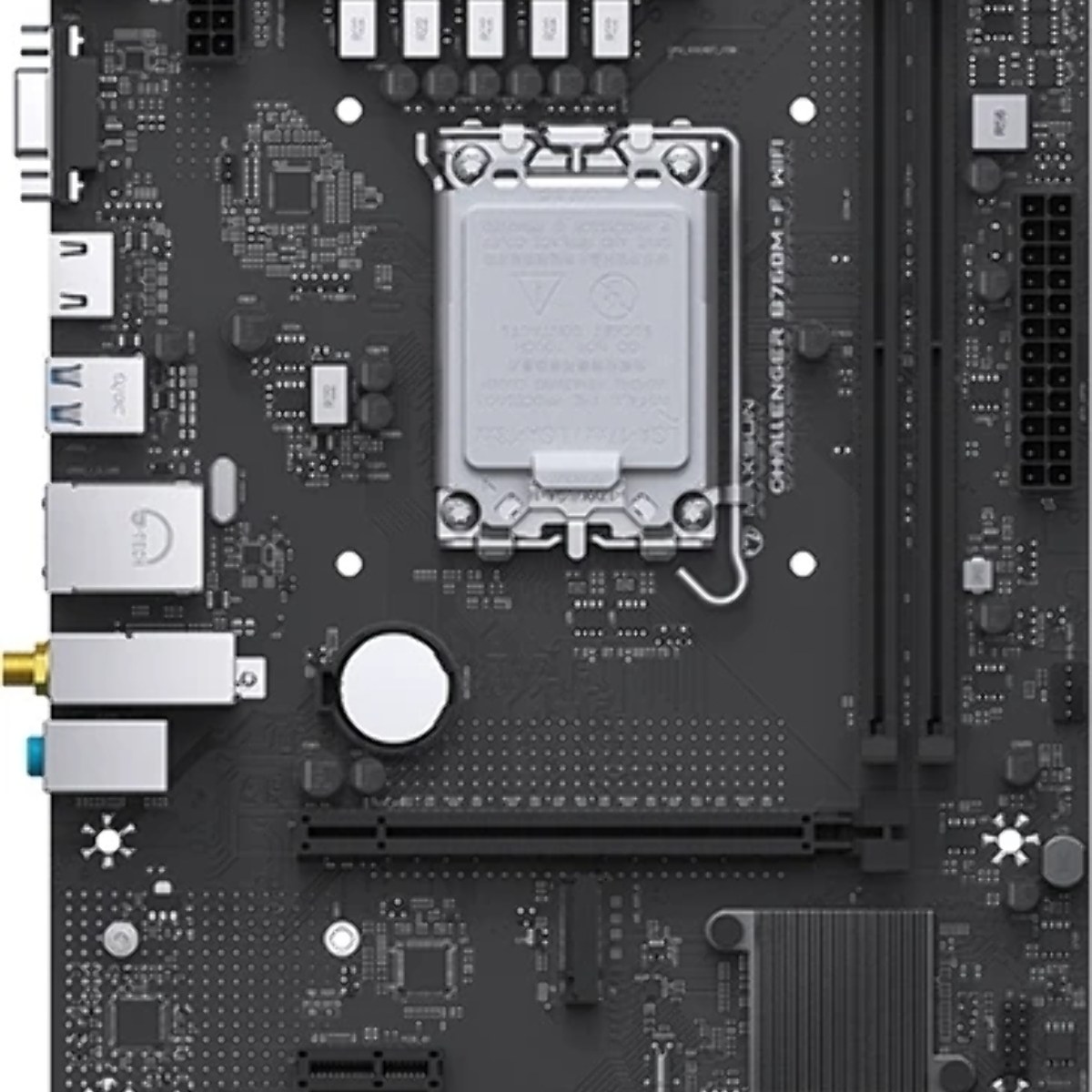 Материнская плата Maxsun Challenger B760M-F WIFI, LGA 1700, Intel B760, 2xDDR4, 3xSATA, 1xM.2, 1xPCIe 4.0 x16, 1xPCIe x1, 1xVGA, 1xHDMI, 1x1Gb LAN, Wi-Fi 5, Bluetooth 4.2, 2xUSB-A 5Gbps, 4xUSB-A 2.0, 3x3.5 мм, 7.1, чёрный, mATX
