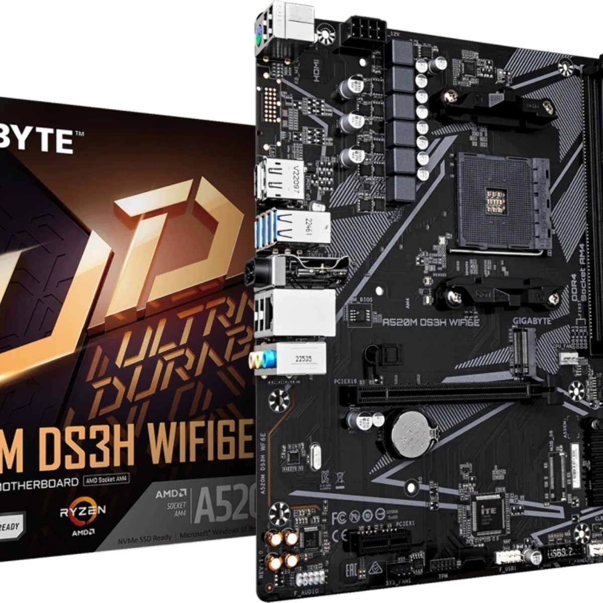 Материнская плата Gigabyte A520M DS3H WIFI6E, AM4, AMD A520, 4xDDR4, 4xSATA, 1xM.2, 1xPCIe 3.0 x16, 1xPCIe 3.0 x1, 1xHDMI, 1xDP, 1x1Gb LAN, Wi-Fi 6E, Bluetooth 5.3, 4xUSB-A 5Gbps, 4xUSB-A 2.0, 1xPS/2, 3x3.5 мм, 7.1, mATX