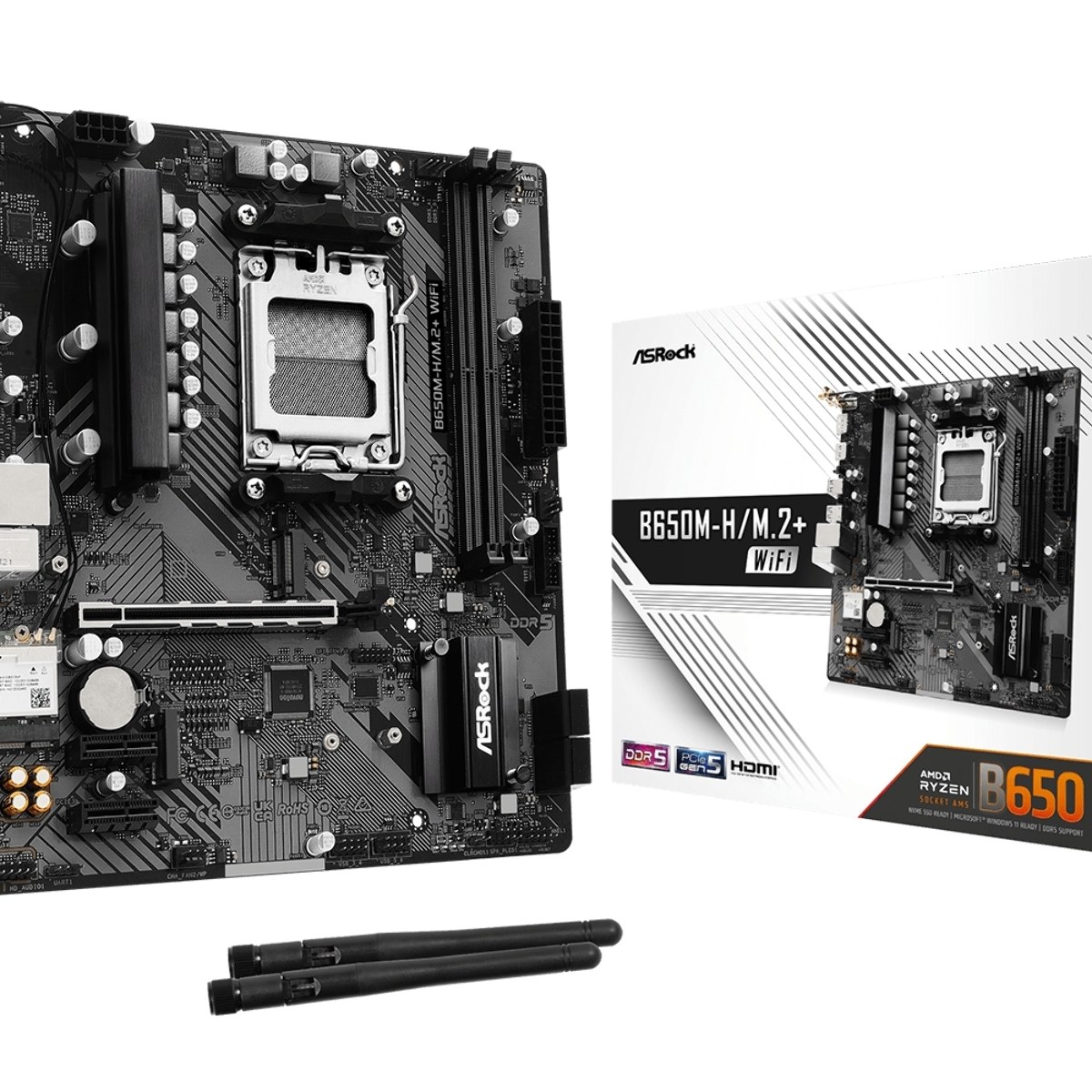 Материнская плата ASRock B650M-H/M.2+ WiFi, AM5, AMD B650, 2xDDR5, 4xSATA, 2xM.2, 1xPCIe 4.0 x16, 2xPCIe 4.0 x1, 1xHDMI, 1xDP, 1x1Gb LAN, Wi-Fi 5, Bluetooth 5.0, 1xUSB-C 5Gbps, 3xUSB-A 5Gbps, 2xUSB-A 2.0, 3x3.5 мм, 7.1, mATX