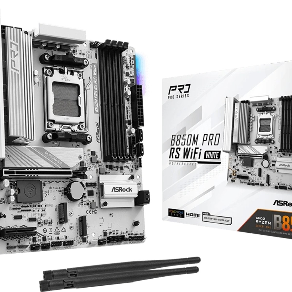 Материнская плата ASRock B850M Pro RS WiFi White, AM5, AMD B850, 4xDDR5, 4xSATA, 3xM.2, 1xPCIe 5.0 x16, 1xPCIe 4.0 x4, 1xHDMI, 1xDP, 1x2.5Gb LAN, Wi-Fi 6E, Bluetooth 5.3, 1xUSB-C 10Gbps, 1xUSB-A 10Gbps, 2xUSB-A 5Gbps, 4xUSB-A 2.0, 3x3.5 мм, 7.1, mATX