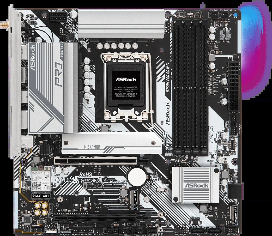 Материнская плата ASRock B760M Pro RS WiFi, LGA 1700, Intel B760, 4xDDR5, 4xSATA, 3xM.2, 1xPCIe 5.0 x16, 1xPCIe 3.0 x16, 1xHDMI, 1xDP, 1x2.5Gb LAN, Wi-Fi 6E, Bluetooth 5.3, 1xUSB-C 5Gbps, 3xUSB-A 5Gbps, 2xUSB-A 2.0, 3x3.5 мм, 7.1, mATX