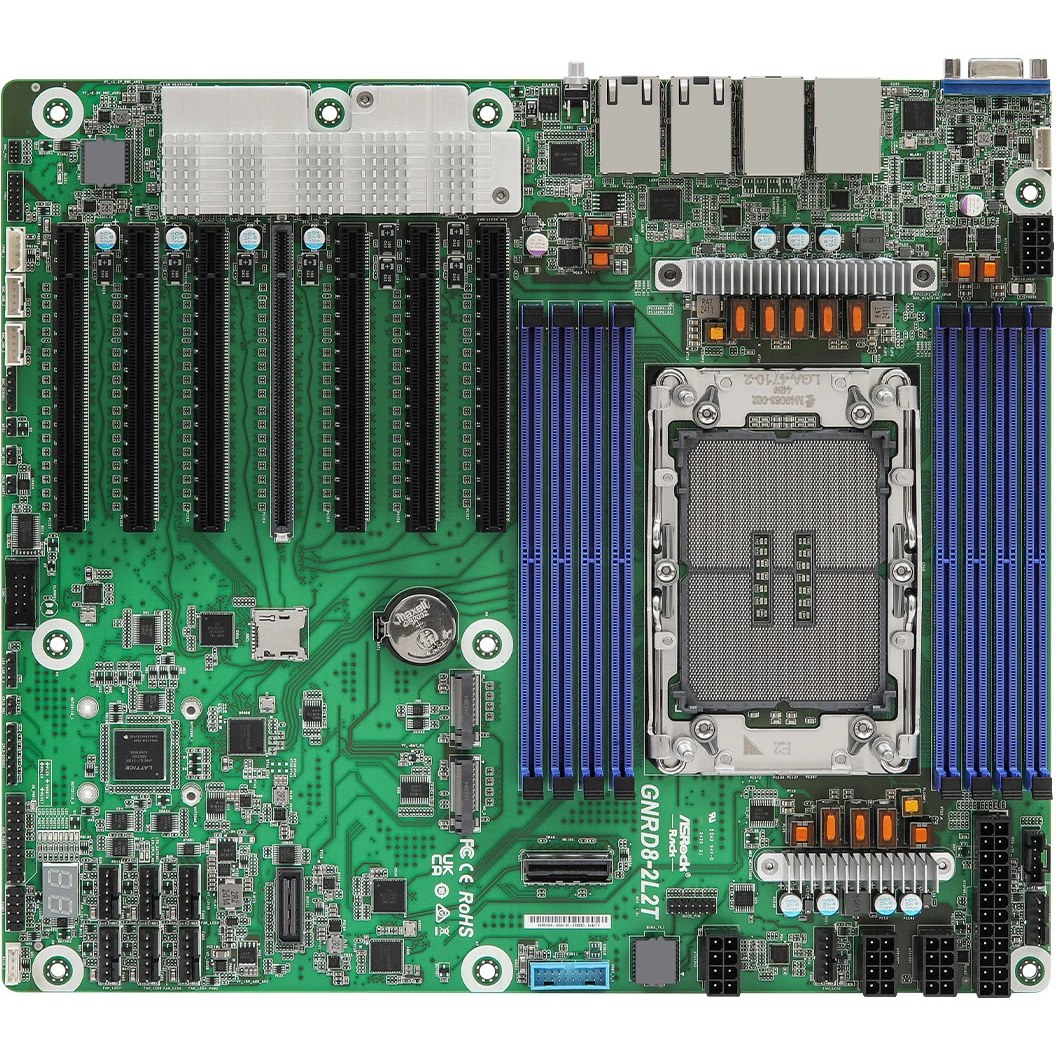 Серверная материнская плата ASRock GNRD8-2L2T, 1xE2 (LGA 4710), встроен в процессор, 8xDDR5, 0xSATA, 2xM.2, 7xPCIe 5.0 x16, 1xVGA, 2x1Gb LAN, 2x10Gb LAN, IPMI, 2xUSB-A 5Gbps, SSI CEB