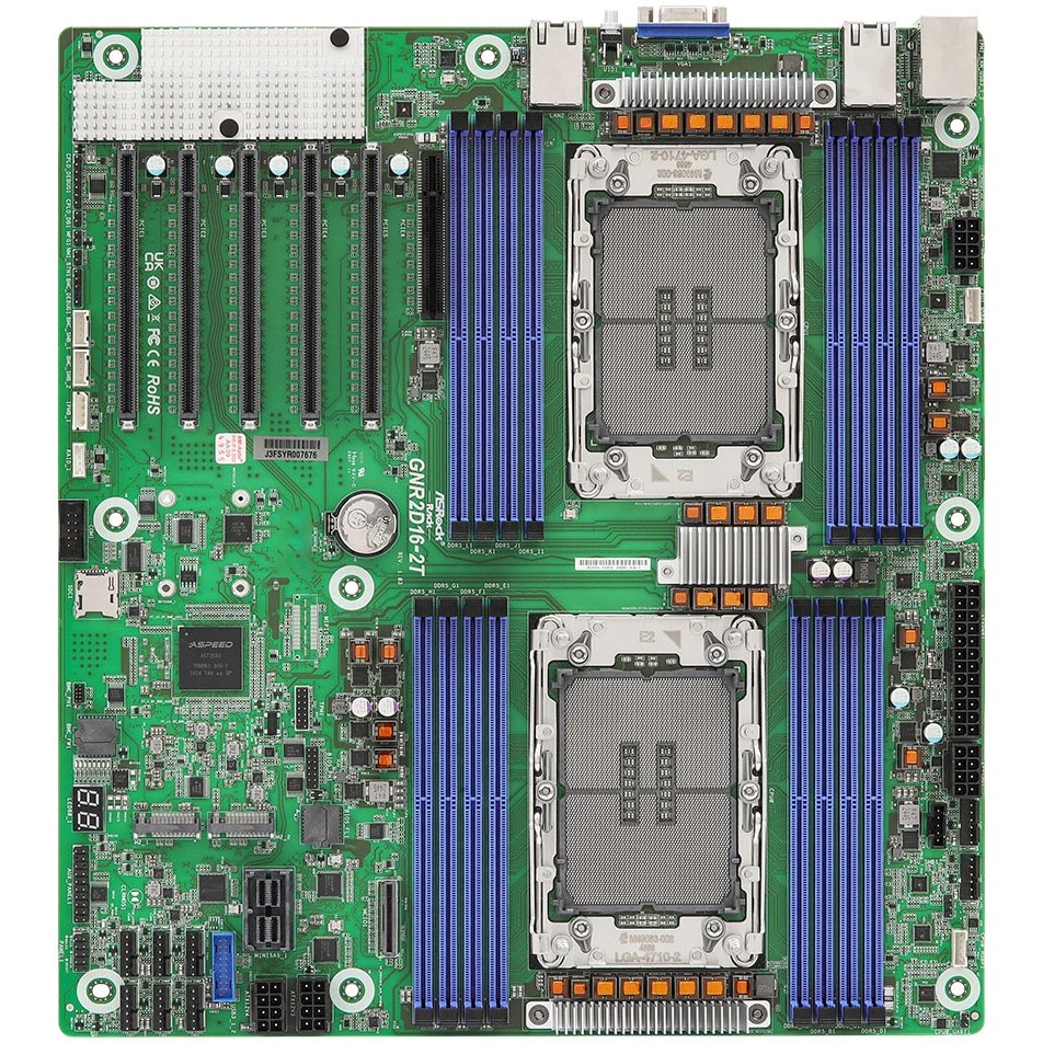 Серверная материнская плата ASRock GNR2D16-2T, 2xE2 (LGA 4710), встроен в процессор, 16xDDR5, 0xSATA, 2xM.2, 5xPCIe 5.0 x16, 1xVGA, 2x10Gb LAN, IPMI, 2xUSB-A 5Gbps, SSI EEB