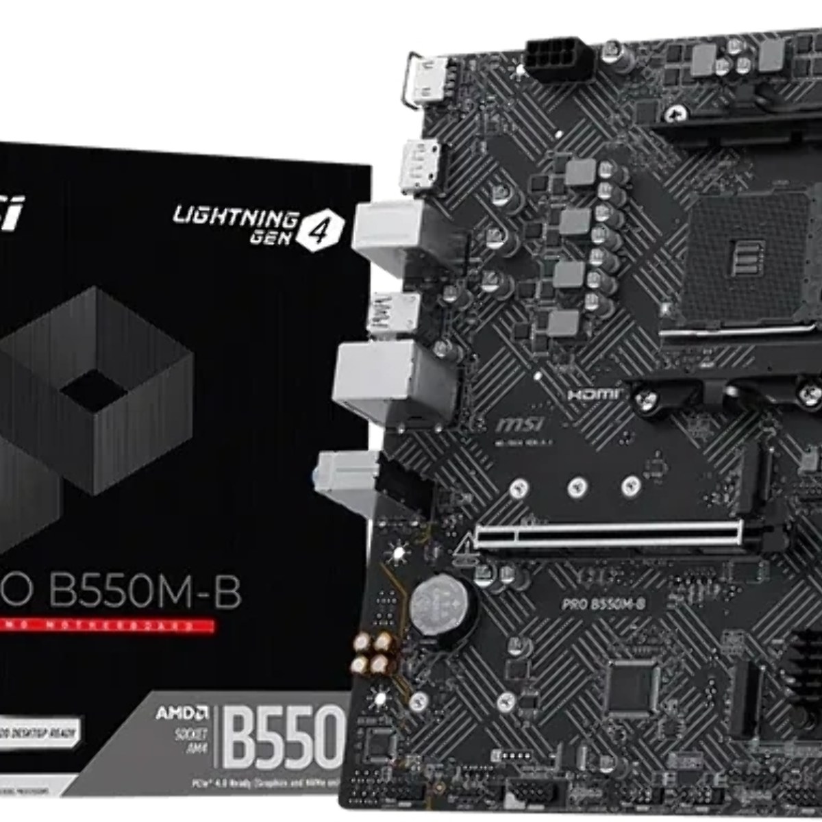 Материнская плата MSI PRO B550M-B, AM4, AMD B550, 2xDDR4 (до 64 ГБ), 4xSATA, 2xM.2 (PCIe 4.0/3.0), 1xPCIe 4.0 x16, 1xPCIe x1, 1xHDMI, 1xDP, 1x1Gb LAN, 4xUSB-A 5Gbps, 2xUSB-A 2.0, 1xPS/2, 3x3.5 мм, 7.1, чёрный, mATX