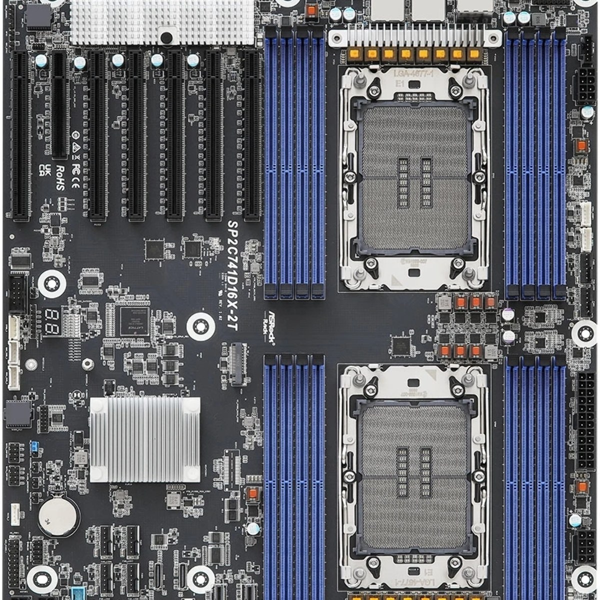 Серверная материнская плата ASRock SP2C741D16X-2T, 2xLGA4677, Intel C741, 16xDDR5, 13xSATA, 1xM.2, 6xPCIe 5.0 x16, 1xPCIe 5.0 x8, 1xVGA, 2x10Gb LAN, IPMI, 2xUSB-A 2.0, EEB