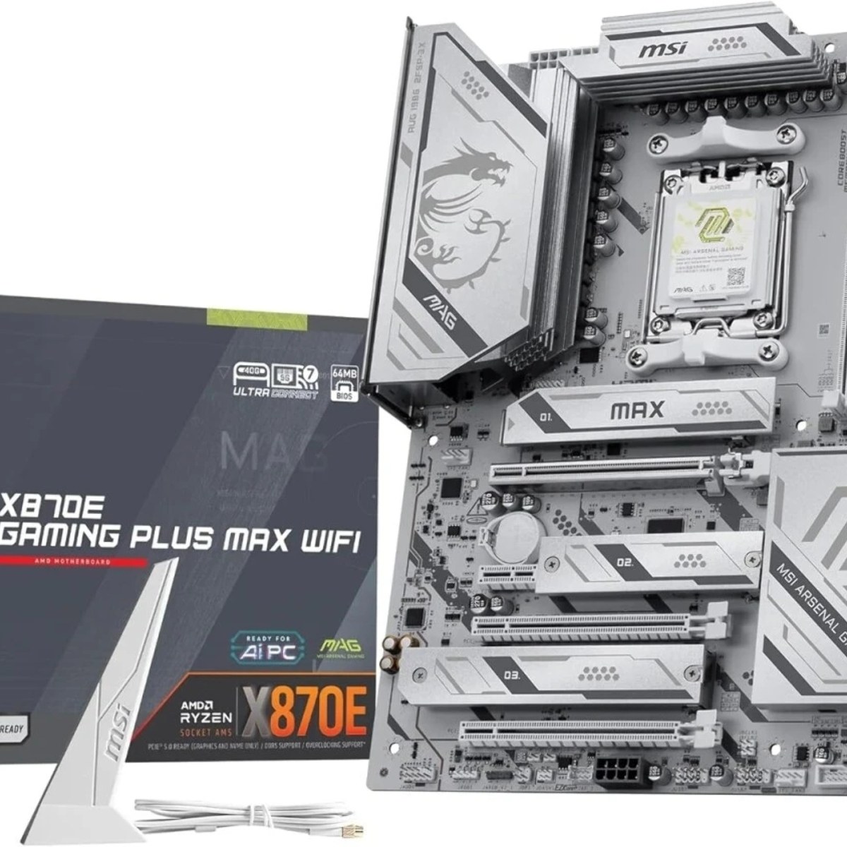 Материнская плата MSI MAG X870E GAMING PLUS MAX WIFI, AM5, AMD X870E, 4xDDR5 (до 256 ГБ), 4xSATA, 3xM.2 (1xPCIe 5.0, 2xPCIe 4.0), 1xPCIe 5.0 x16, 1xPCIe 4.0 x16, 1xPCIe 3.0 x16, 1xPCIe x1, 1xHDMI, 1x5Gb LAN, Wi-Fi 7, Bluetooth 5.4, 1xUSB-C 40Gbps (USB4), 1xUSB-C 20Gbps, 2xUSB-A 10Gbps, 2xUSB-A 5Gbps
