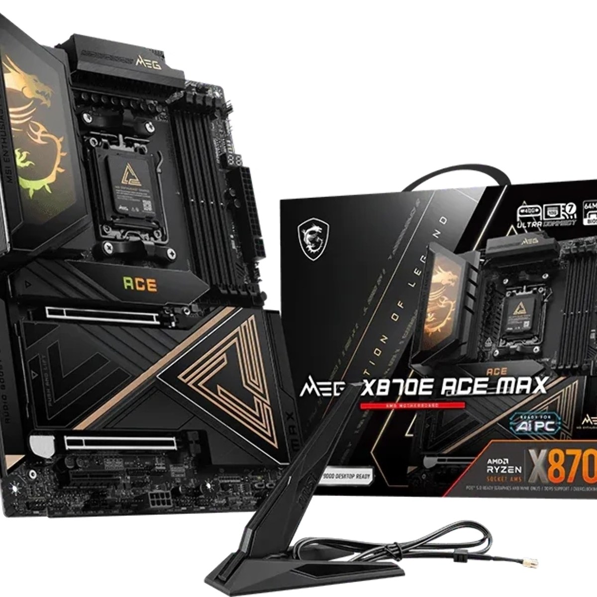 Материнская плата MSI MEG X870E ACE MAX, AM5, AMD X870E, 4xDDR5 (до 256 ГБ), 4xSATA, 5xM.2 (2xPCIe 5.0, 3xPCIe 4.0), 2xPCIe 5.0 x16, 1xPCIe x4, 1xHDMI, 1x5Gb LAN, 1x10Gb LAN, Wi-Fi 7, Bluetooth 5.4, 2xUSB-C 40Gbps (USB4), 2xUSB-C 20Gbps, 2xUSB-A 10Gbps, 7xUSB-A 5Gbps, 3x3.5 мм + S/PDIF оптический, 7
