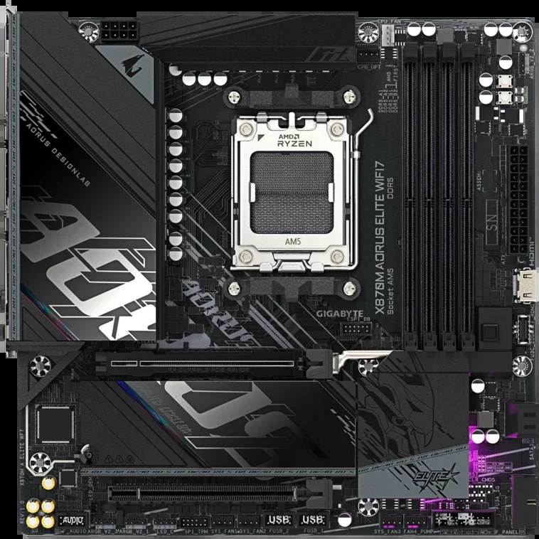 Материнская плата Gigabyte X870M AORUS ELITE WIFI7 ICE, AM5, AMD X870, 4xDDR5, 2xSATA, 2xM.2, 1xPCIe 5.0 x16, 1xPCIe 4.0 x16, 1xHDMI, 1x2.5Gb LAN, Wi-Fi 7, Bluetooth 5.4, 2xUSB-C 40Gbps (USB4), 2xUSB-A 10Gbps, 4xUSB-A 5Gbps, 4xUSB-A 2.0, 3x3.5 мм + S/PDIF оптический, 7.1, белый, mATX