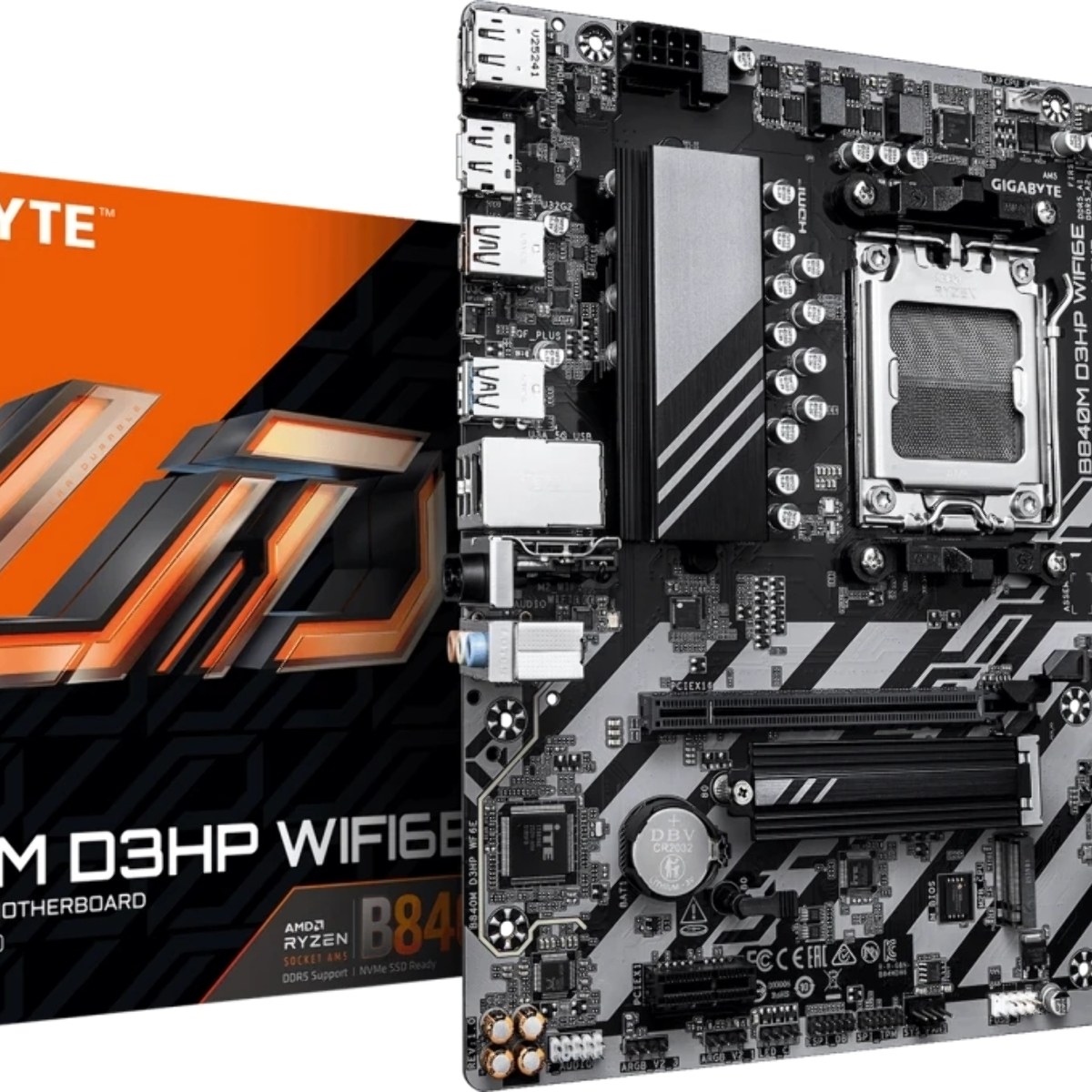 Материнская плата Gigabyte B840M D3HP WIFI6E, AM5, AMD B840, 4xDDR5, 4xSATA, 2xM.2, 1xPCIe 4.0 x16, 1xPCIe x1, 1xHDMI, 2xDP, 1x1Gb LAN, Wi-Fi 6E, Bluetooth 5.3, 1xUSB-C 5Gbps, 1xUSB-A 10Gbps, 3xUSB-A 5Gbps, 2xUSB-A 2.0, 1xPS/2, 3x3.5 мм, 7.1, mATX