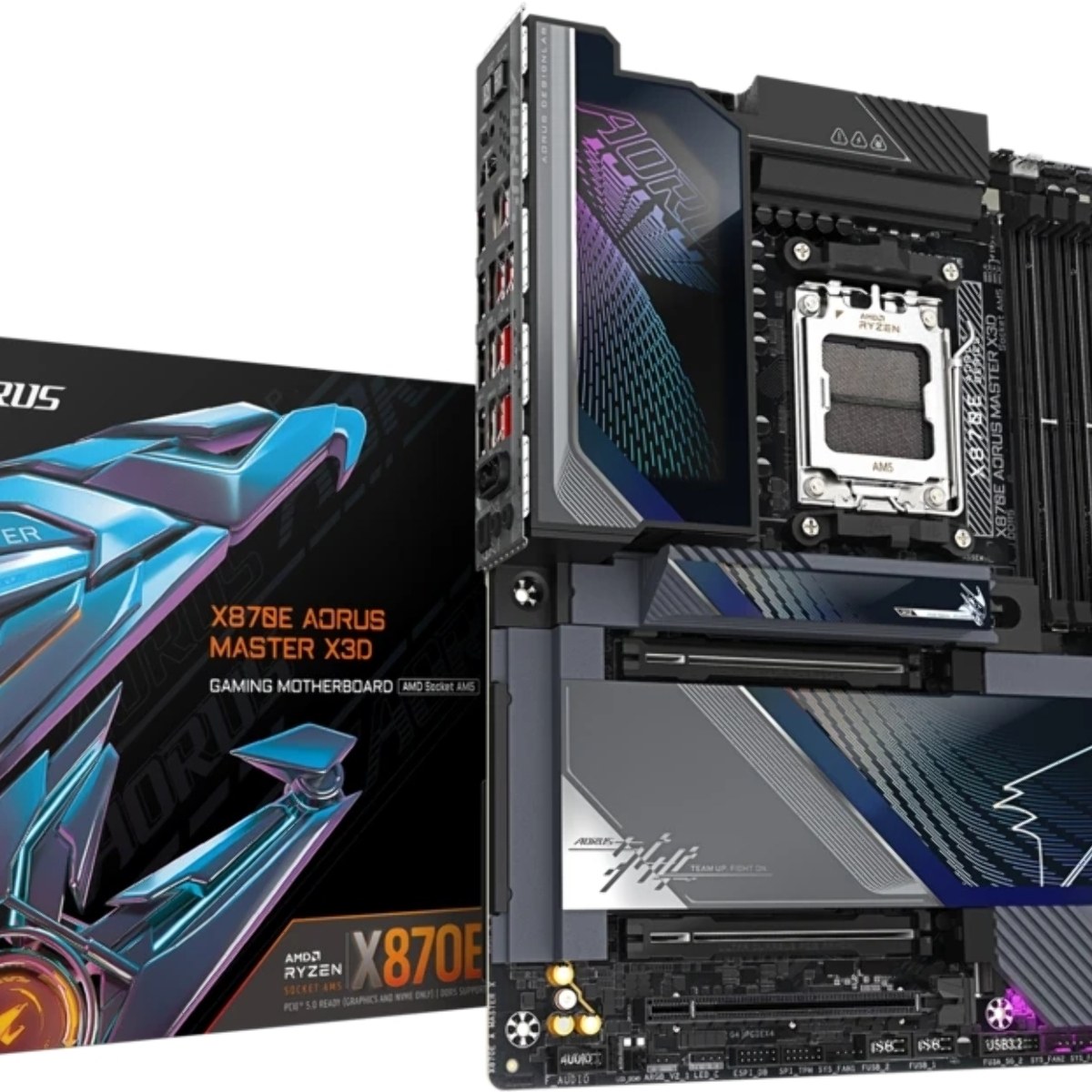 Материнская плата Gigabyte X870E AORUS MASTER X3D, AM5, AMD X870E, 4xDDR5, 4xSATA, 5xM.2, 2xPCIe 5.0 x16, 1xPCIe 4.0 x16, 1xHDMI, 1x5Gb LAN, 1x10Gb LAN, Wi-Fi 7, Bluetooth 5.4, 2xUSB-C 40Gbps (USB4), 1xUSB-C 20Gbps, 1xUSB-C 10Gbps, 7xUSB-A 10Gbps, 3x3.5 мм + S/PDIF оптический, 7.1, ATX