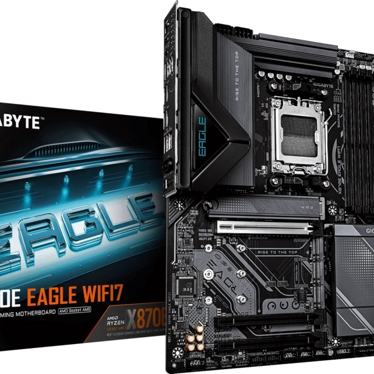 Материнская плата Gigabyte X870E EAGLE WIFI7, AM5, AMD X870E, 4xDDR5, 4xSATA, 4xM.2, 1xPCIe 5.0 x16, 1xPCIe 4.0 x16, 1xPCIe 3.0 x16, 1xHDMI, 1x5Gb LAN, Wi-Fi 7, Bluetooth 5.4, 2xUSB-C 40Gbps (USB4), 2xUSB-A 10Gbps, 4xUSB-A 5Gbps, 2xUSB-A 2.0, 3x3.5 мм + S/PDIF оптический, 7.1, чёрный, ATX
