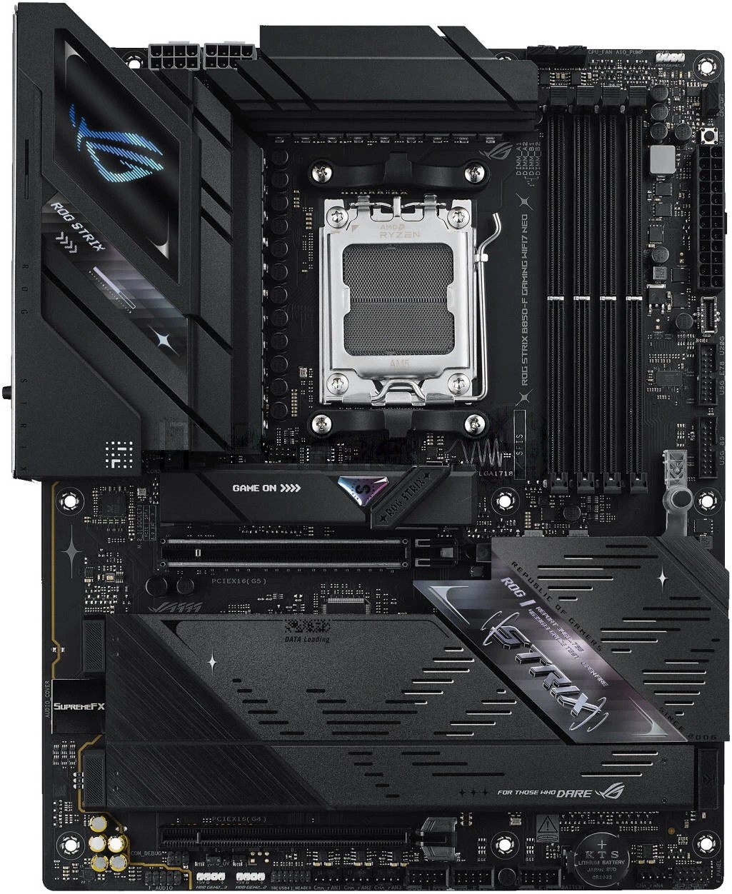 Материнская плата ASUS ROG STRIX B850-F GAMING WIFI7 NEO, AM5, AMD B850, 4xDDR5, 4xSATA, 4xM.2, 1xPCIe 5.0 x16, 1xPCIe 4.0 x16, 1xPCIe 4.0 x4, DisplayPort, HDMI, 1x2.5Gb LAN, USB Type-C, 3x3.5 мм, 7.1, ATX