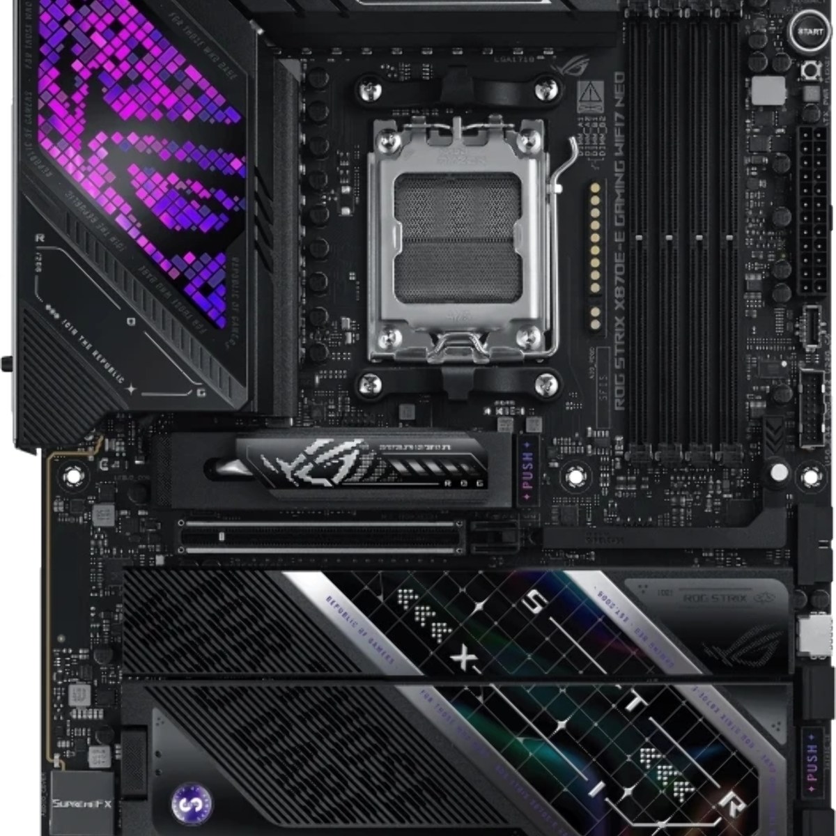 Материнская плата ASUS ROG STRIX X870E-E GAMING WIFI7 NEO, AM5, AMD X870E, 4xDDR5, 4xSATA, 5xM.2, 1xPCIe 5.0 x16, 1xPCIe 4.0 x16, 1xHDMI, 1x5Gb LAN, Wi-Fi 7, Bluetooth 5.4, 2xUSB-C 40Gbps (USB4 / Gen3x2), 2xUSB-C 10Gbps, 9xUSB-A 10Gbps, 2x3.5 мм, 7.1, ATX