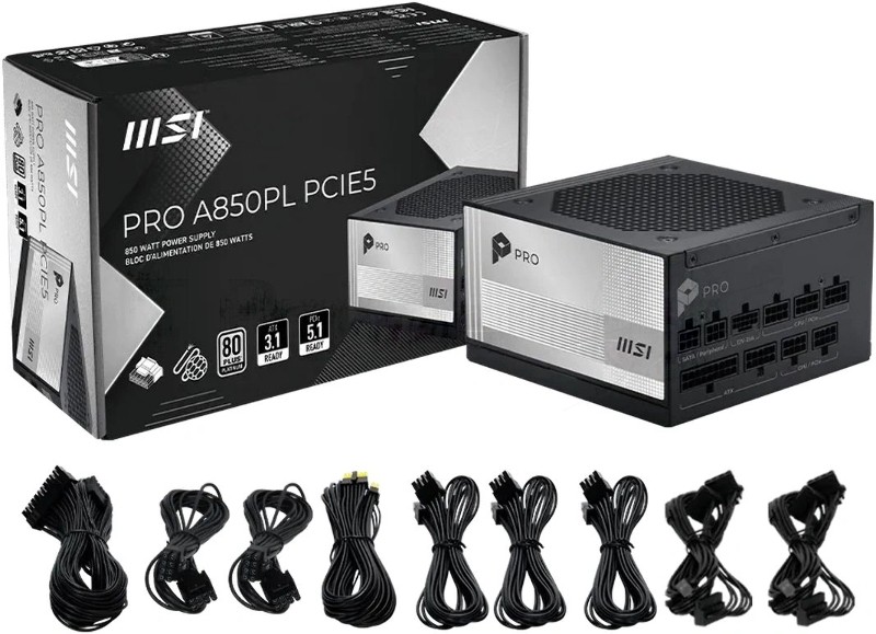 Блок питания MSI PRO A850PL PCIE5, 850Вт, 80+ Platinum, 120мм, модульный, черный