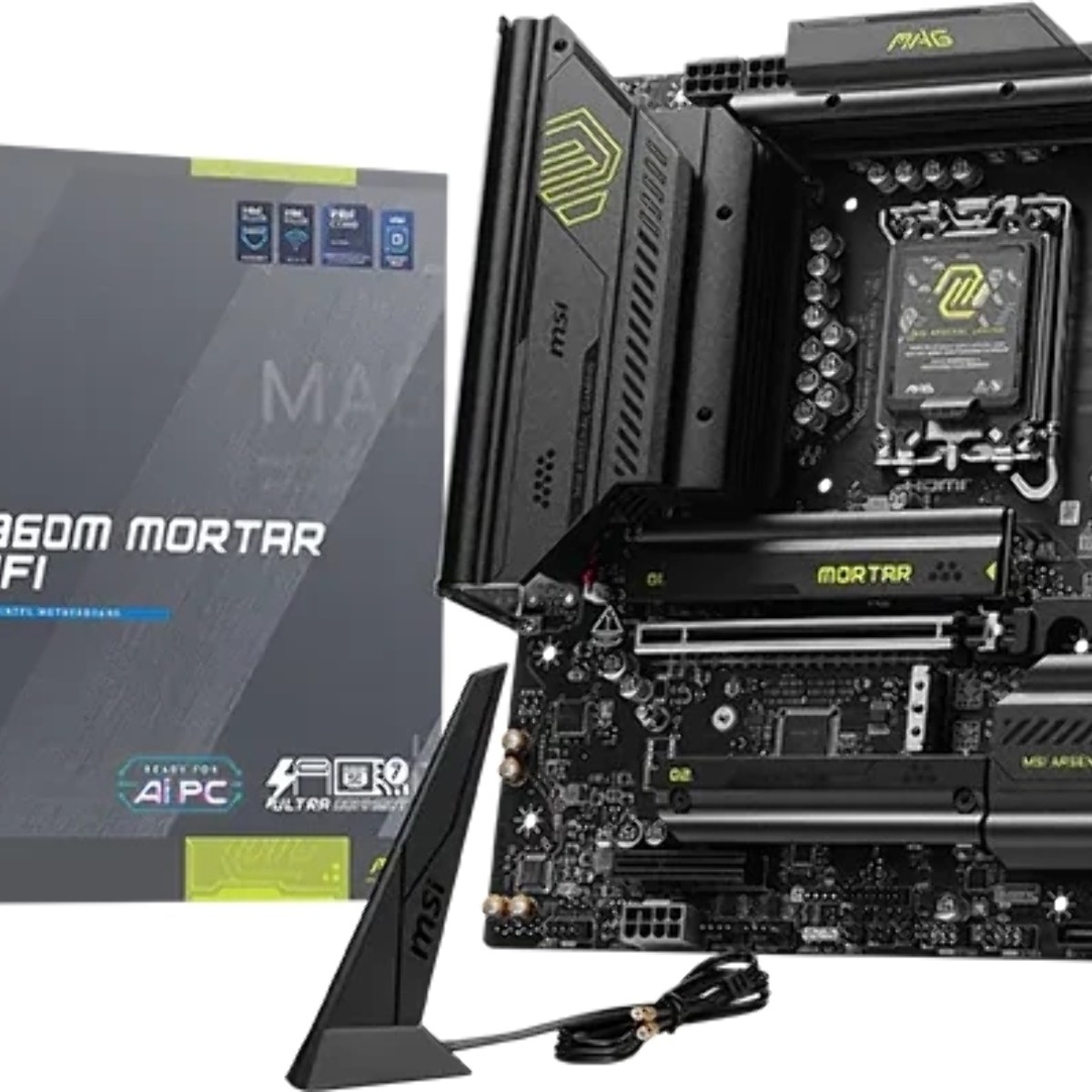 Материнская плата MSI MAG B860M MORTAR WIFI, LGA 1851, Intel B860, 4xDDR5 (до 256 ГБ), 4xSATA, 3xM.2 (1xPCIe 5.0, 2xPCIe 4.0), 1xPCIe 5.0 x16, 1xPCIe 4.0 x4, 1xHDMI, 1xDP, 1x5Gb LAN, Wi-Fi 7, Bluetooth 5.4, 1xUSB-C 40Gbps (Thunderbolt 4), 1xUSB-C 10Gbps, 3xUSB-A 10Gbps, 4xUSB-A 2.0, 3x3.5 мм + S/PDI