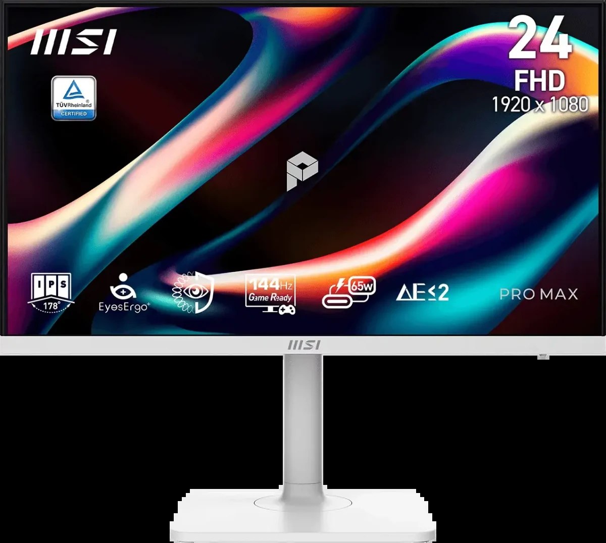 Монитор 23.8" MSI PRO MAX 241PHW E14 IPS 1920x1080, 144 Гц, 4 мс (GtG), 16:9, 300 кд/м², HDMI 2.0b, DisplayPort 1.2a, USB-C (65 Вт), встроенные динамики (2x3 Вт), Flicker Free, Low Blue Light, AMD FreeSync, KVM-переключатель, CEC, регулировка по высоте, поворотная подставка, портретный режим, белый
