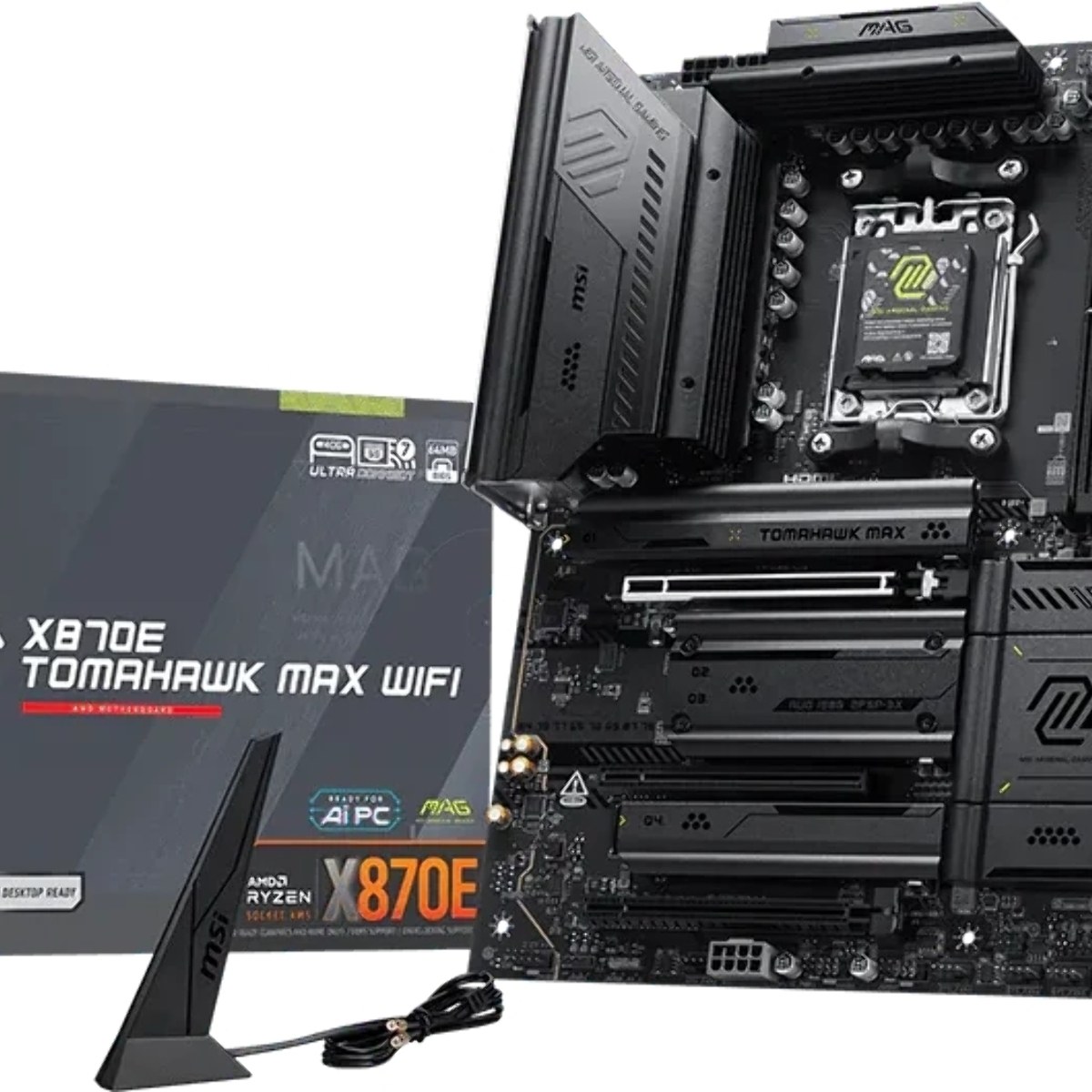 Материнская плата MSI MAG X870E TOMAHAWK MAX WIFI, AM5, AMD X870E, 4xDDR5 (до 256 ГБ), 4xSATA, 4xM.2 (2xPCIe 5.0, 2xPCIe 4.0), 1xPCIe 5.0 x16, 1xPCIe 4.0 x16, 1xPCIe 3.0 x16, 1xHDMI, 1x5Gb LAN, Wi-Fi 7, Bluetooth 5.4, 2xUSB-C 40Gbps (USB4), 1xUSB-C 10Gbps, 2xUSB-A 10Gbps, 3xUSB-A 5Gbps, 4xUSB-A 2.0,
