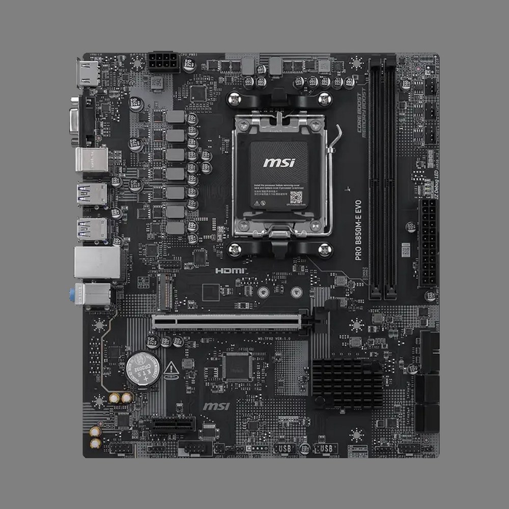 Материнская плата MSI PRO B850M-E EVO B850, AM5, 2*DDR5, 1*PCIEx16, 1*PCIEx1, 1*M.2, 6*USB3.2Gen1, 6*USB2.0, 4*SATA3.0, 2.5G, VGA, HDMI, M-ATX, RTL