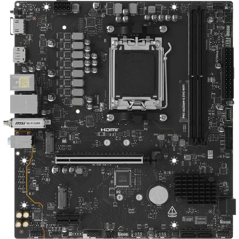 Материнская плата MSI PRO A620AM-G EVO WIFI, AM5, AMD A620A, 2xDDR5, 4xSATA, 2xM.2, 1xPCIe 4.0 x16, 1xPCIe 3.0 x1, 1xHDMI, 1xDisplayPort, 1x 2.5Gb LAN, 4xUSB 5Gbps Type-A, 2xUSB 2.0, 3x3.5 мм, 7.1, microATX
