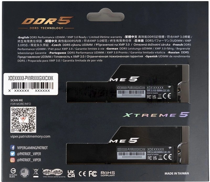 Память DDR 5 DIMM 32Gb (16Gbx2) 6400Mhz, PATRIOT XTREME 5 RGB (PVXR532G64C32K) (retail)