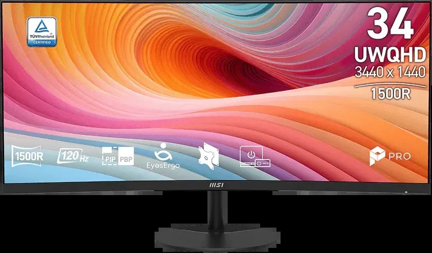Монитор MSI 34" PRO MP341CQ E12 1500R, 21:9, VA, UWQHD, 1/4ms, 300cd, 120Hz, HDMI, DP, SPK