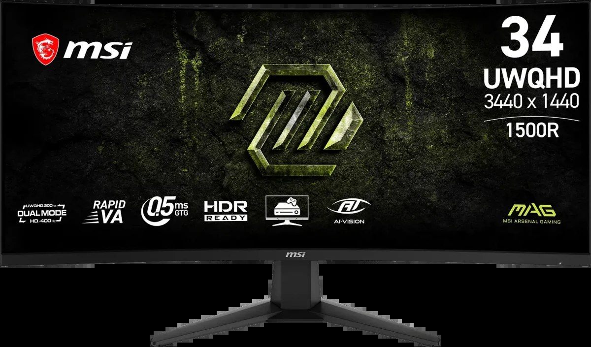 Монитор MSI 34" MAG 346CQDF E20 1500R, 21:9, VA, 0,5ms, 300cd, UWQHD 200Hz/FHD 400Hz, HDMI, D