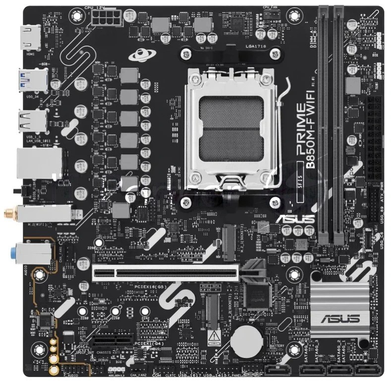 Материнская плата ASUS PRIME B850M-F WIFI, AM5, AMD B850, 2xDDR5, 4xSATA 6Gb/s, 2xM.2, 1xPCIe 5.0 x16, 1xPCIe 4.0 x1, 1xHDMI, 1x1Gb LAN, 2xUSB 5Gbps, 4xUSB 2.0, 3x3.5 мм, 7.1, microATX