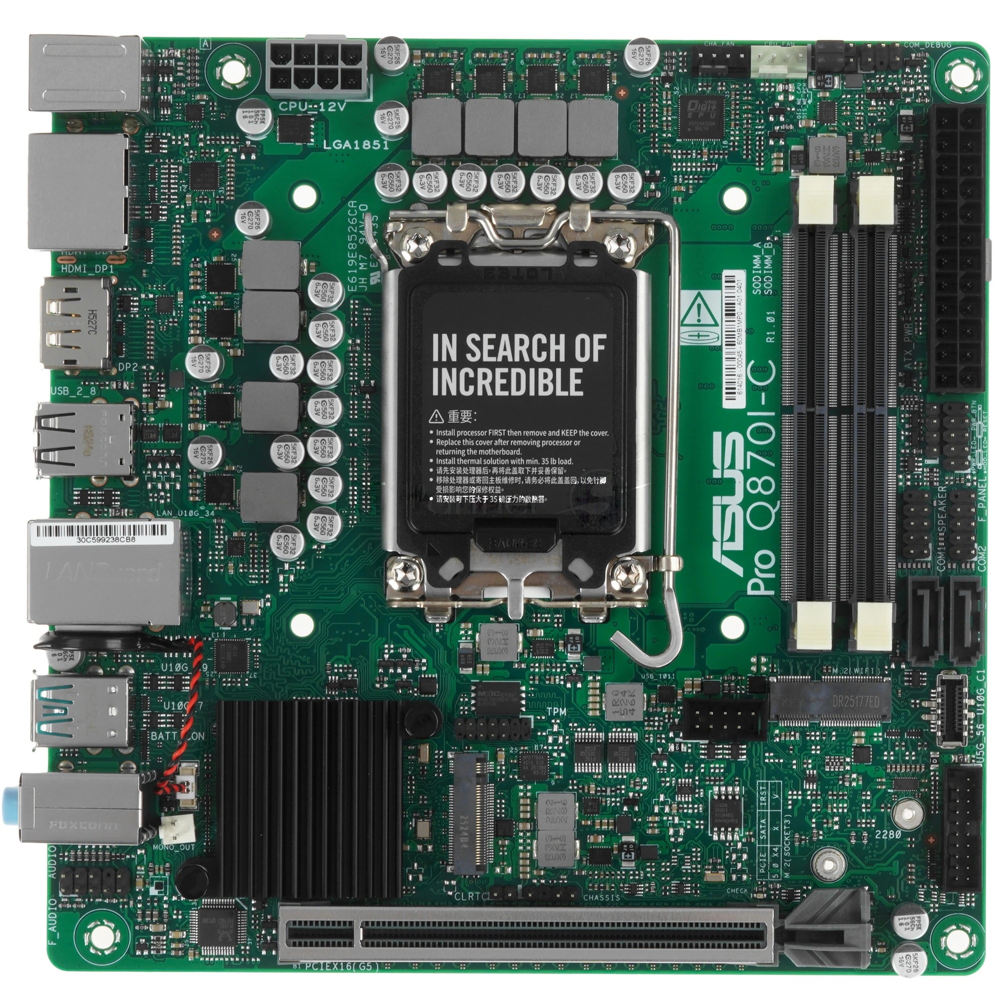 Материнская плата ASUS Pro Q870I-C-CSM, LGA 1851, Intel Q870, 2xDDR5 SO-DIMM, 2xSATA, 1xM.2, 1xPCIe 5.0 x16, DisplayPort, HDMI, 1x1Gb LAN, 3x3.5 мм, 7.1, Mini-ITX