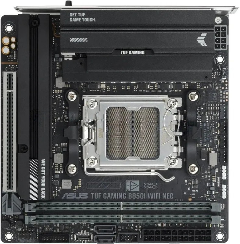 Материнская плата ASUS TUF GAMING B850I WIFI NEO, AM5, AMD B850, 2xDDR5, 2xSATA, 1xPCIe 5.0 x16, 1xDisplayPort, 1xHDMI, 1x2.5Gb LAN, 1xUSB 3.2 Gen2x2 Type-C, 2xUSB 3.2 Gen2, 1xUSB 3.2 Gen1, 2xUSB 2.0, 3x3.5 мм, 7.1, mini-ITX