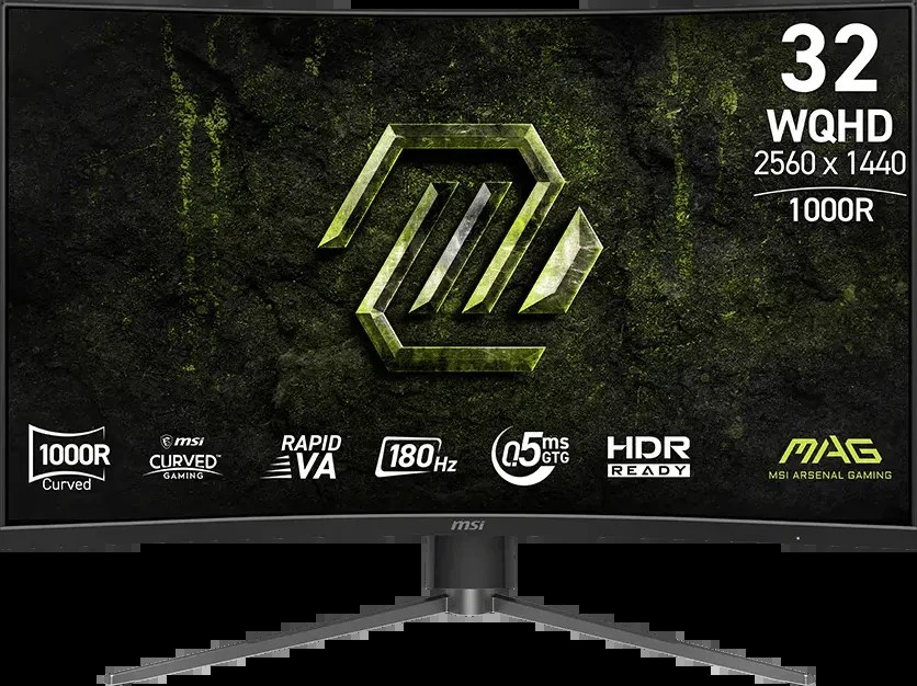 Монитор 31.5" MSI MAG 325CQPF E18 VA 2560x1440, 180 Гц, 0.5 мс (GtG), 16:9, изогнутый (1000R), HDMI 2.0b (x2), DisplayPort, выход на наушники, Flicker-Free, Low Blue Light, поддержка HDR, PiP/PbP, ночное видение, прицел, консольный режим, поворот по горизонтали, регулировка по высоте (100 мм), повор