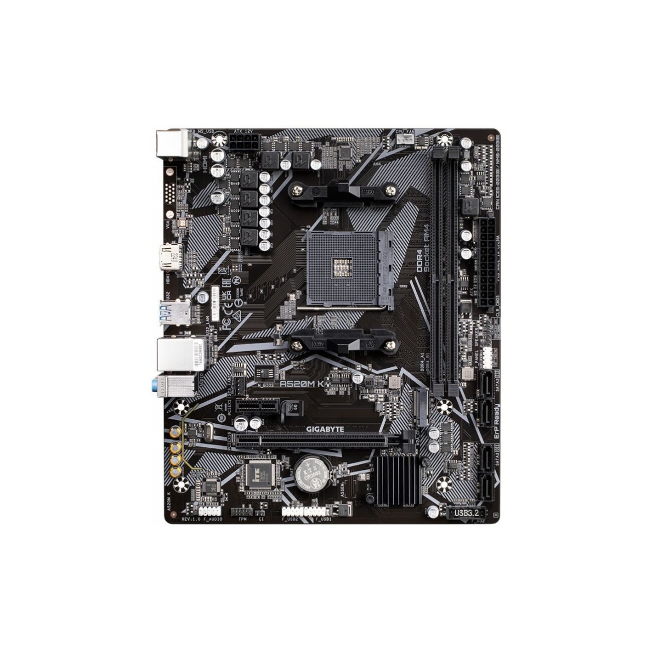 Материнская плата Gigabyte A520M S2HP A520, AM4, 2*DDR4, 1*PCIEx16, 2*PCIEx1, 1*M.2, 6*USB3.2Gen1, 8*USB2.0, 4*SATA3.0, 1G, VGA, DP, HDMI, M-ATX, RTL
