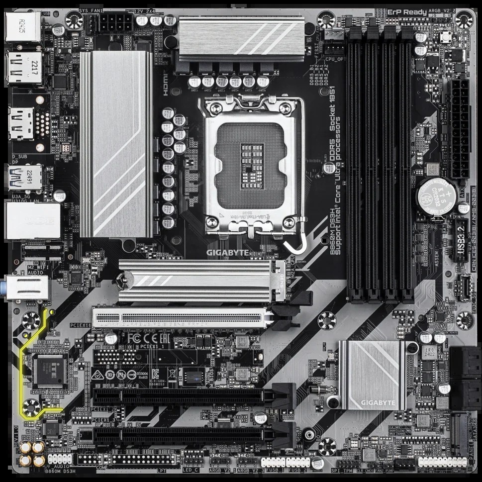 Материнская плата Gigabyte B860 DS3H, LGA1851, Intel B860, 4xDDR5, 4xSATA, 2xM.2, 1xPCIe 5.0 x16, 4xPCIe 4.0 x16, 1xHDMI, 1xDisplayPort, 1x 2.5Gb LAN, 1xUSB 3.2 Gen 2x2 Type-C, 1xUSB 3.2 Gen 2, 4xUSB 2.0, 3x3.5 мм, 7.1, ATX