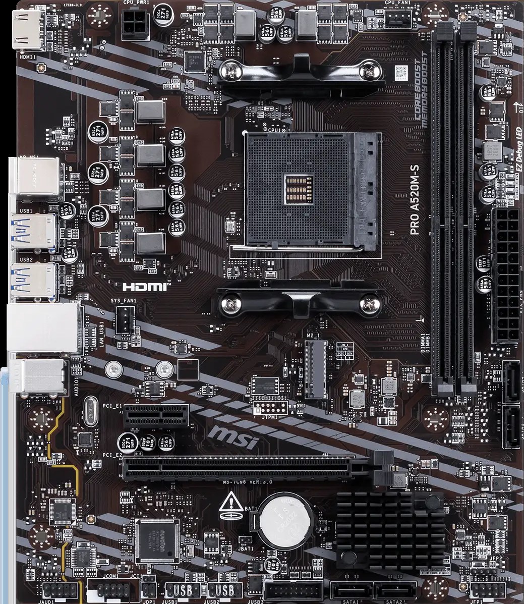 Материнская плата MSI PRO A520M-S, AM4, AMD A520, 2xDDR4, 4xSATA, 1xPCIe 3.0 x4, 1xHDMI, 1x 1Gb LAN, 6xUSB (4xUSB 3.2 Gen1, 2xUSB 2.0), 3x3.5 мм, 7.1, microATX