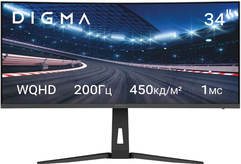 Монитор 34" Digma Overdrive 34A712Q VA 3440x1440, 200 Гц, 1 мс, 21:9, 450 кд/м², изогнутый 1500R, 2xHDMI, 2xDisplayPort, Adaptive-Sync, HDR, Flicker Free, Low Blue Light, черный