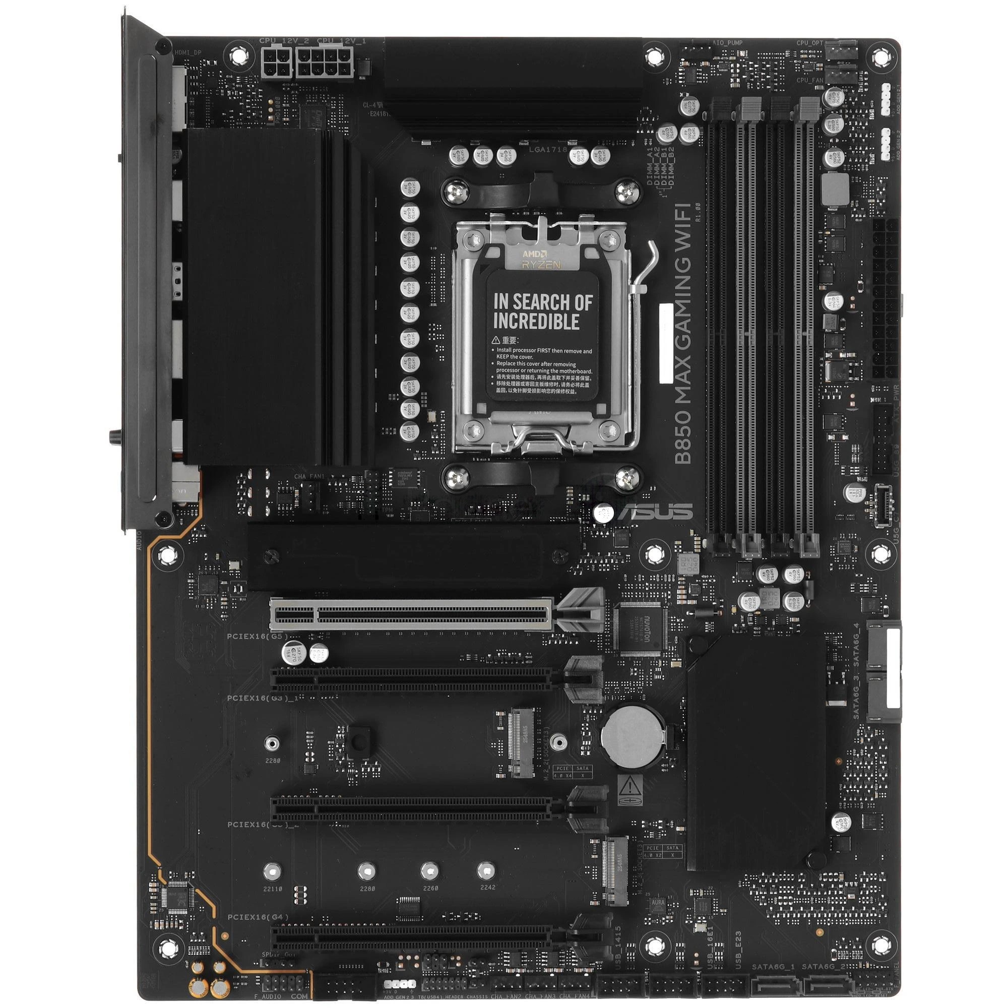 Материнская плата ASUS B850 MAX GAMING WIFI, AM5, AMD B850, 4xDDR5, 4xSATA, 3xM.2, 1xPCIe 5.0 x16, 1xPCIe 4.0 x16, 2xPCIe 3.0 x16, 1xHDMI, 1xDisplayPort, 1x 2.5Gb LAN, 4xUSB 3.2 Gen2, 2xUSB 3.2 Gen1, 2xUSB 2.0, 3x3.5 мм, 7.1, ATX