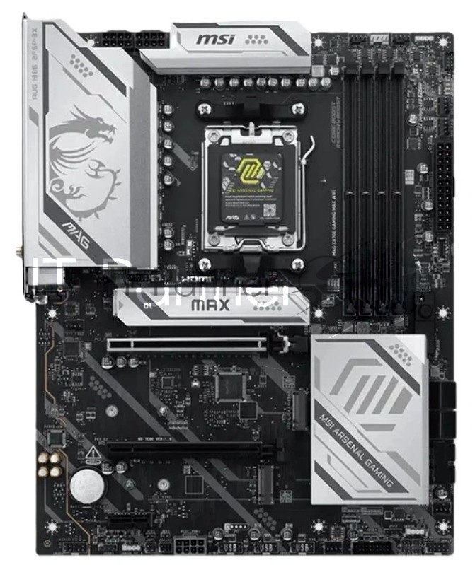 Материнская плата MSI MAG X870E GAMING MAX WIFI, AM5, AMD X870E, 4xDDR5, 4xSATA, 3xM.2, 2xPCIe 5.0 x16, 1xPCIe 4.0 x4, 1xPCIe 3.0 x1, 1xHDMI, 1x 5Gb LAN, 4xUSB 2.0, 4xUSB 3.2 Gen1, 2xUSB 3.2 Gen2, 2xUSB Type-C, 6x3.5 мм, 7.1, ATX