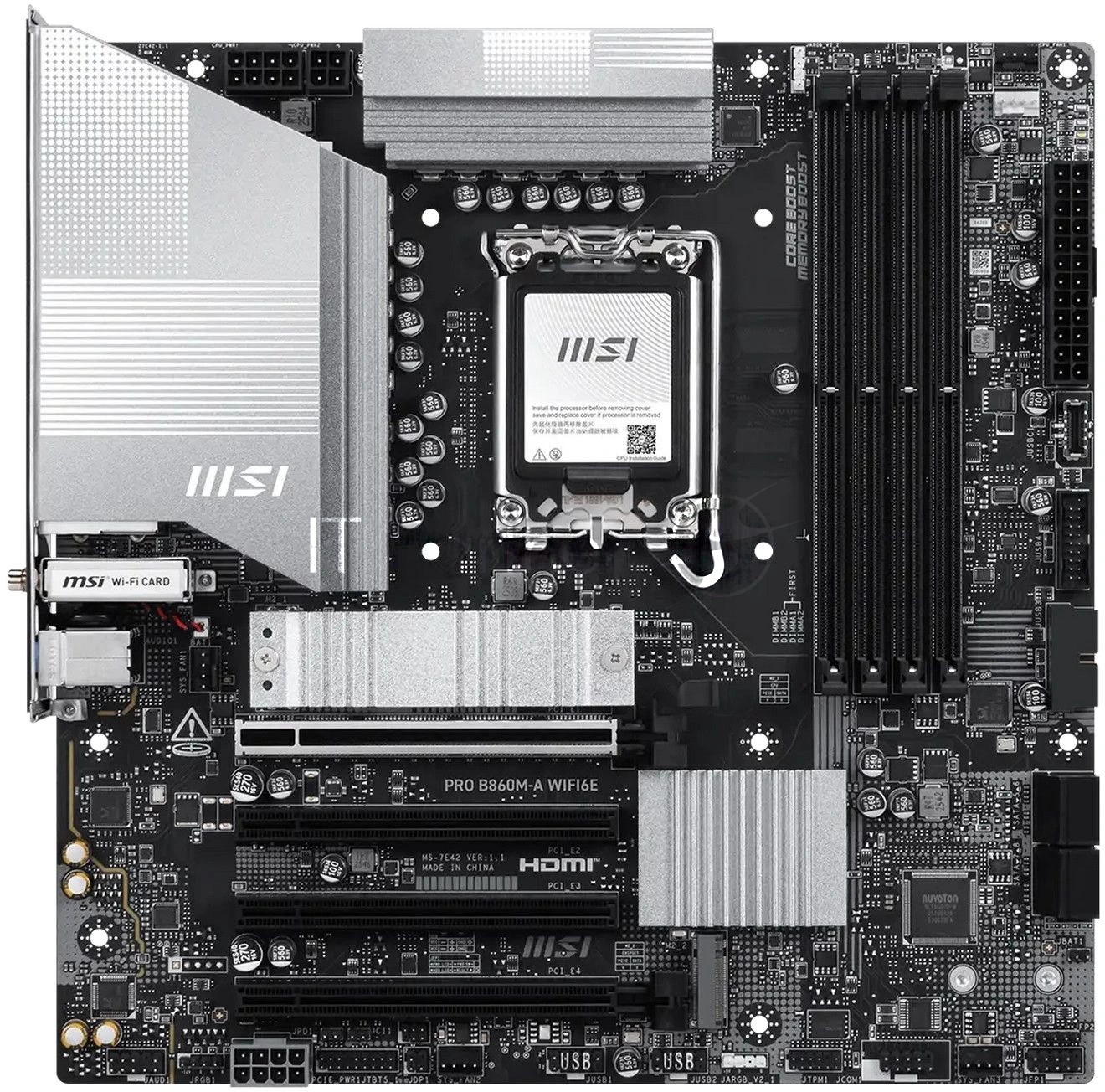 Материнская плата MSI PRO B860M-A WIFI6E, LGA1851, Intel B860, 4xDDR5, 4xSATA, 3xM.2 PCIe, 4xPCIe x16 (1x5.0 x16, 3x4.0), 1xHDMI, 1xDisplayPort, 1x 5Gb LAN, 6xUSB (2xUSB 2.0, 2xUSB 5Gbps Type-A, 1xUSB 5Gbps Type-C, 1xUSB 10Gbps Type-A), 3x3.5 мм, 7.1, mATX