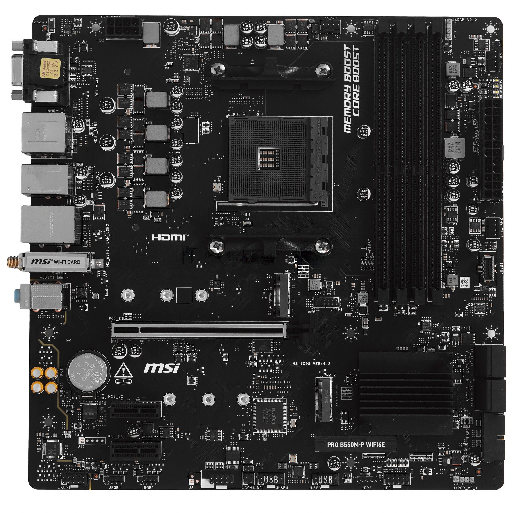 Материнская плата MSI PRO B550M-P WIFI6E, AM4, AMD B550, 4xDDR4, 4xSATA, 2xM.2, 1xPCIe 4.0 x16, 2xPCIe 3.0 x1, 1xVGA, 1xHDMI, 1xDisplayPort, 1x 1Gb LAN, 2xUSB 2.0, 4xUSB 3.2 Gen1, 5x3.5 мм, 7.1, microATX